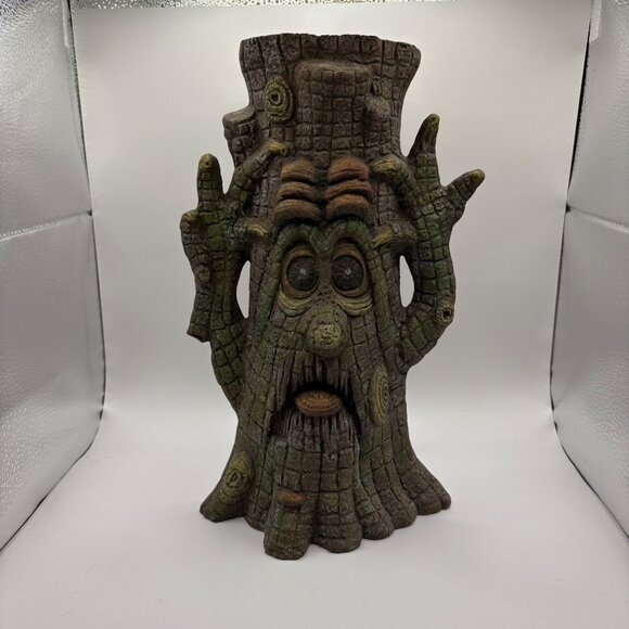 Halloween Scary Ceramic Tree Stump Face Vase Artificial Dried Flowers - Picture 3 of 12